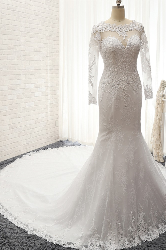 Mermaid Straps Jewel Neck Long Sleeves Court Train Bridal Gown With Appliques 3