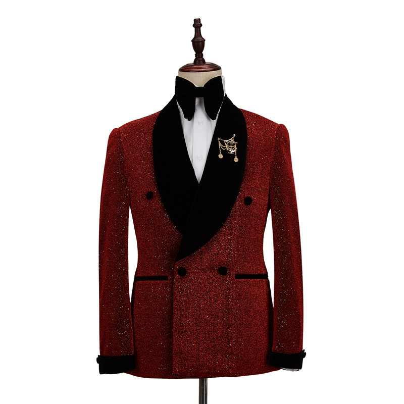 Wedding Sparkle Red Black Double Breasted Suit 2