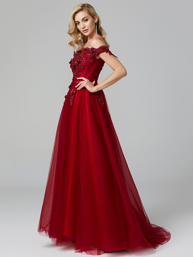 A-line Sleeveless Sweep / Brush Train Tulle Bridal Gown With Lace 11