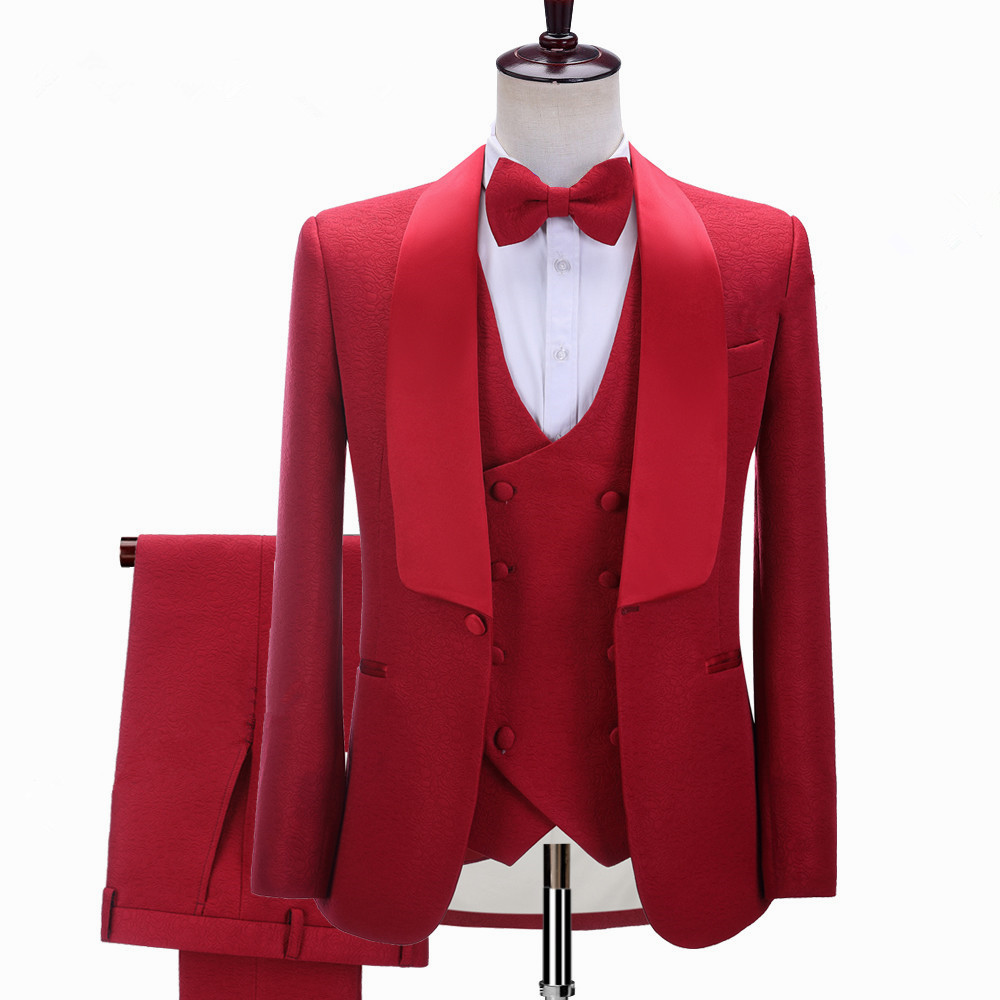 Red Three-Piece Shawl Lapel Wedding Suit 2