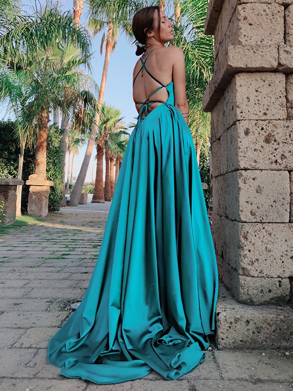 A-line Straps Sleeveless Sweep / Brush Train Lace Evening Dress With Ruffles 5