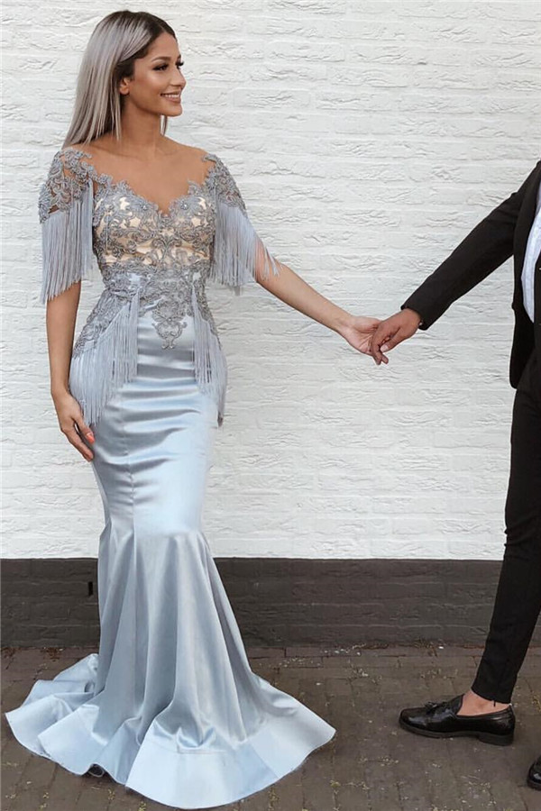 Mermaid V-neck Sweep / Brush Train Elastic Silk-like Satin Evening Dress With Lace 3