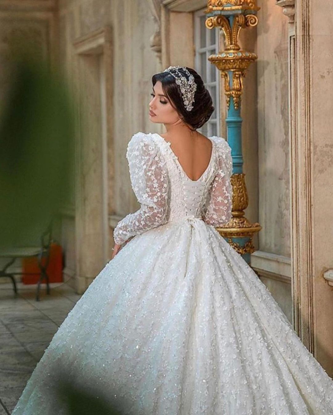 A-line V-neck Long Sleeves Chapel Train Lace Wedding Gown With Lace 6