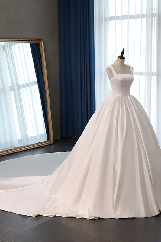 Ball Gown Straps Square Neck Sleeveless Floor-length Satin Wedding Dress With Ruffles 3