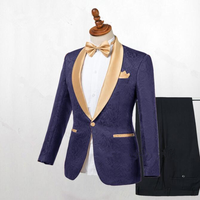 Dark Blue Jacquard Shawl Lapel Wedding Suit 1