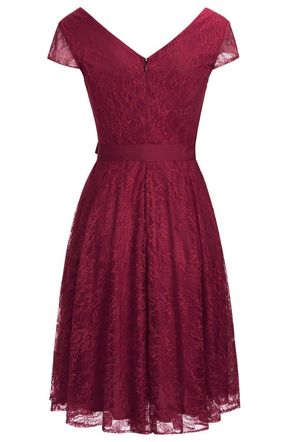 A-line V-neck Short Sleeves Knee-length Lace Bridesmaid Dress With Ribbons 8