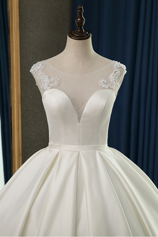 Ball Gown Jewel Neck Sleeveless Floor-length Satin Bridal Dress With Ruffles 5