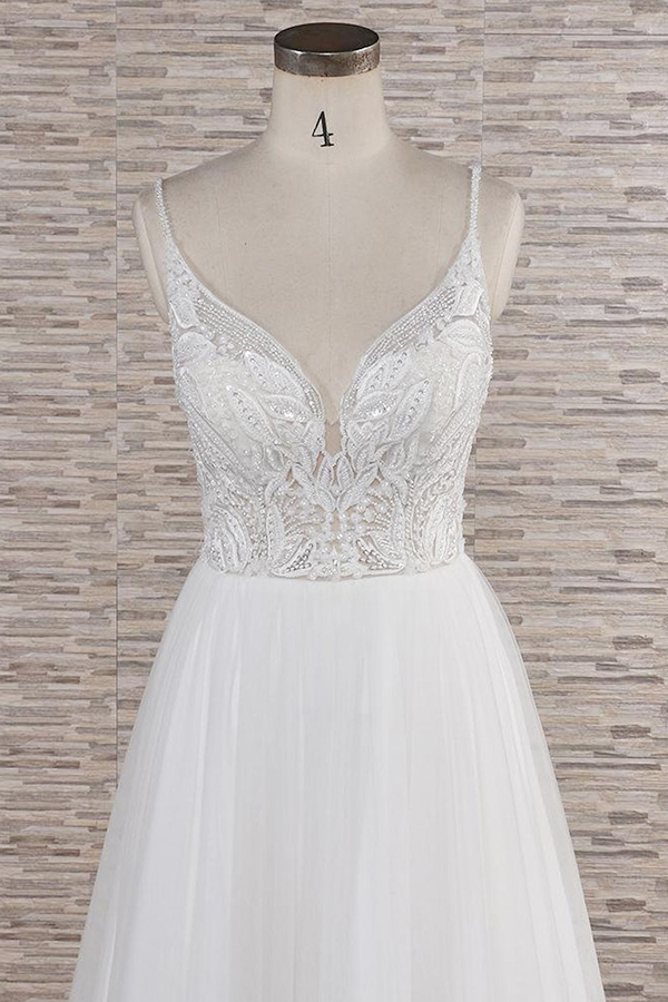 A-line Spaghetti Straps Sleeveless Court Train Tulle Wedding Gown With Beading 4