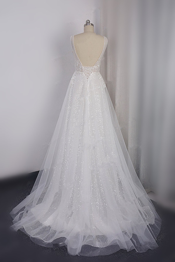A-line V-neck Sleeveless Floor-length Tulle Wedding Gown With Sequins 2