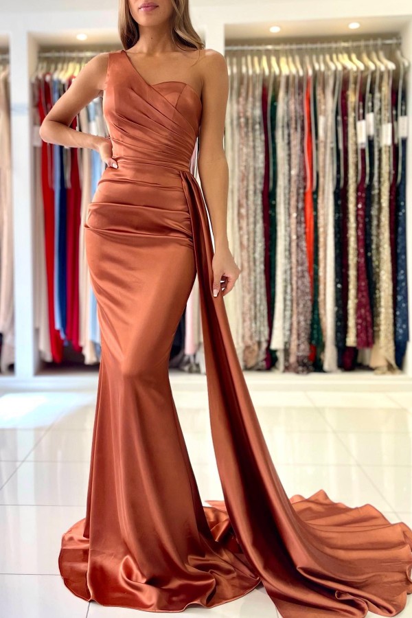 Mermaid One Shoulder Sleeveless Floor-length Satin Prom Dress With Ruffles 2