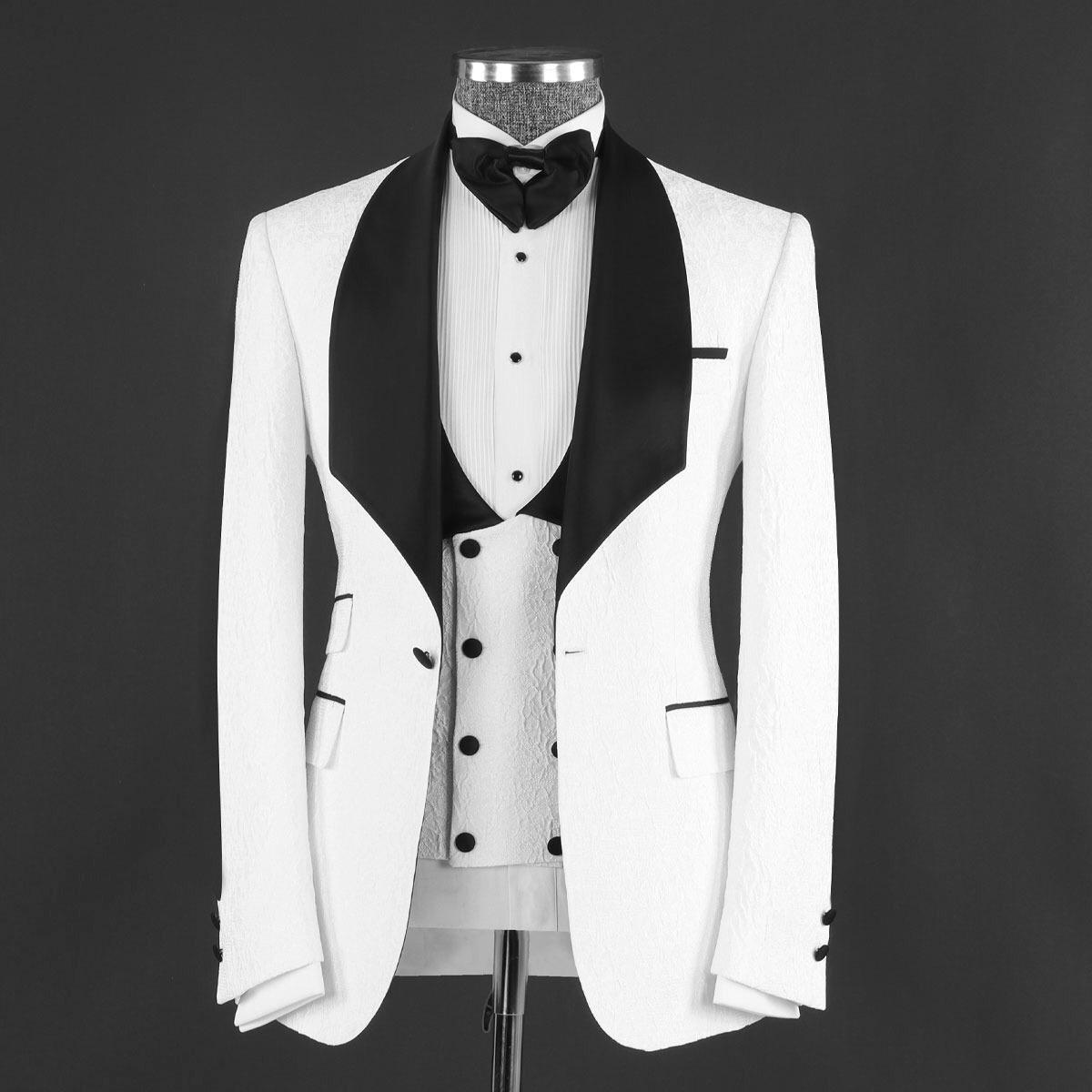 White Jacquard Three Pieces Shawl Lapel Wedding Men Suit 4