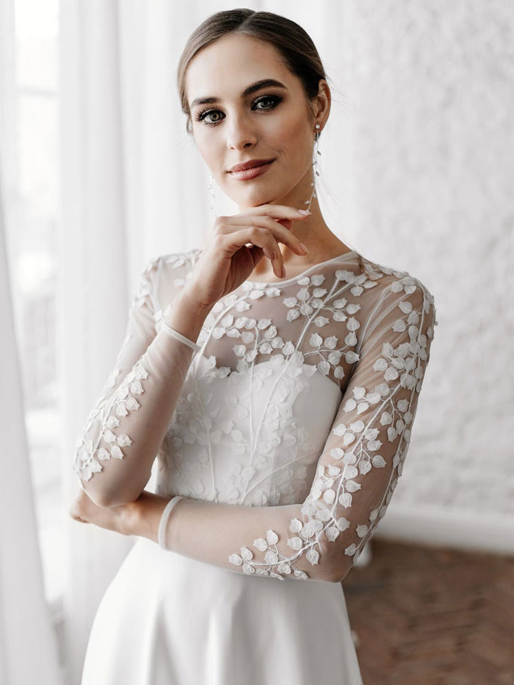 A-line Long Sleeves Lace Wedding Gown With Lace 3