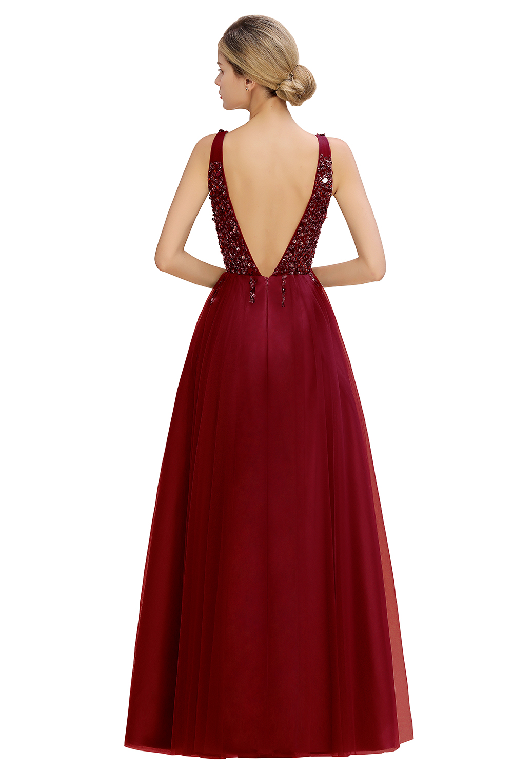 A-line V-neck Sleeveless Floor-length Tulle Evening Gown With Beading 8