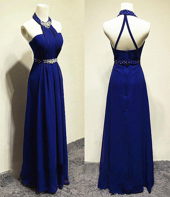 A-line Halter-neck Sleeveless Floor-length 100D Chiffon Evening Dress With Crystal 3