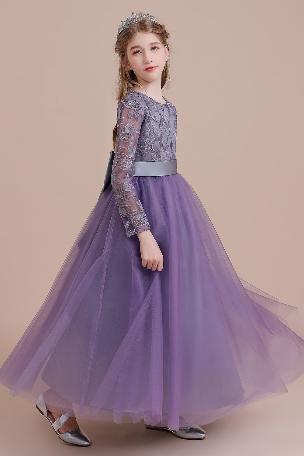 A-line Jewel Neck Long Sleeves Ankle-length Tulle Flower Girl Dress With Bow 7