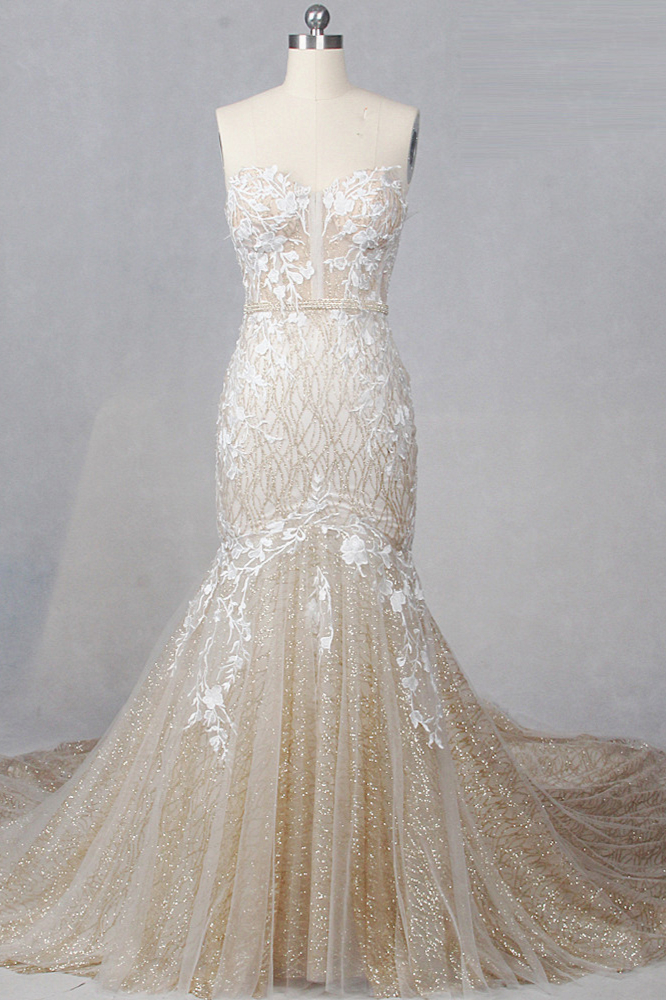 Mermaid Strapless Sleeveless Floor-length Tulle Wedding Dress With Appliques 1