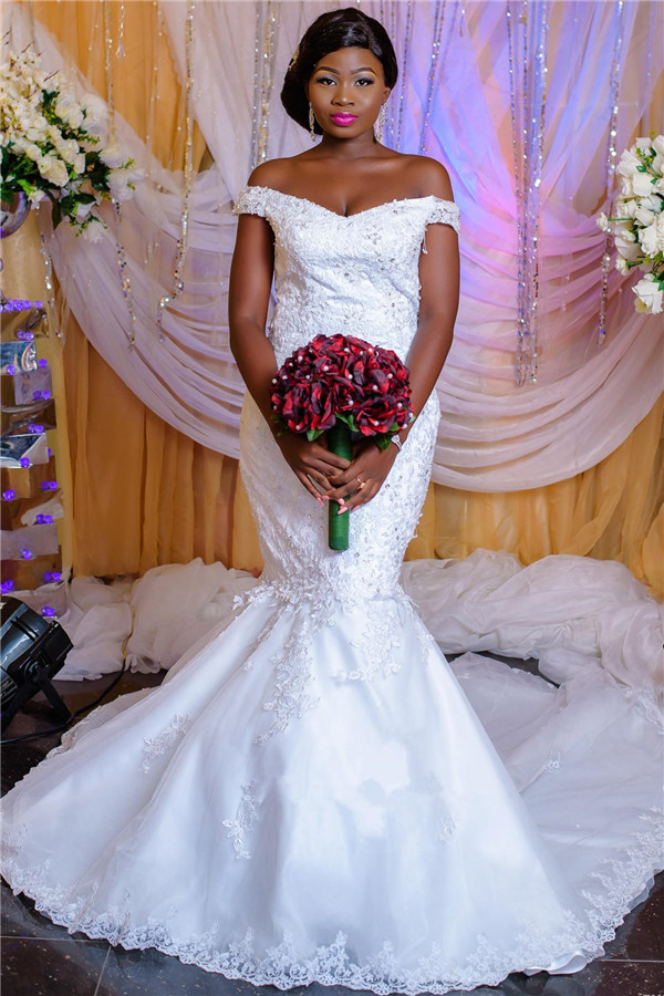 Mermaid Off-the-shoulder Sleeveless Chapel Train Tulle Bridal Dress With Appliques 1
