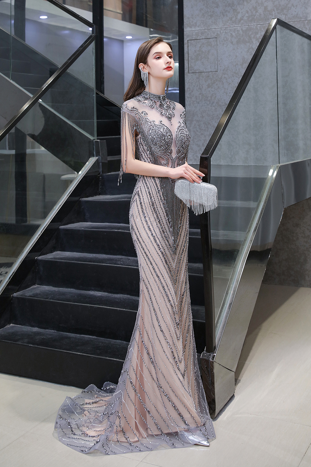 Mermaid Jewel Neck Short Sleeves Court Train Tulle Evening Gown With Beading 4