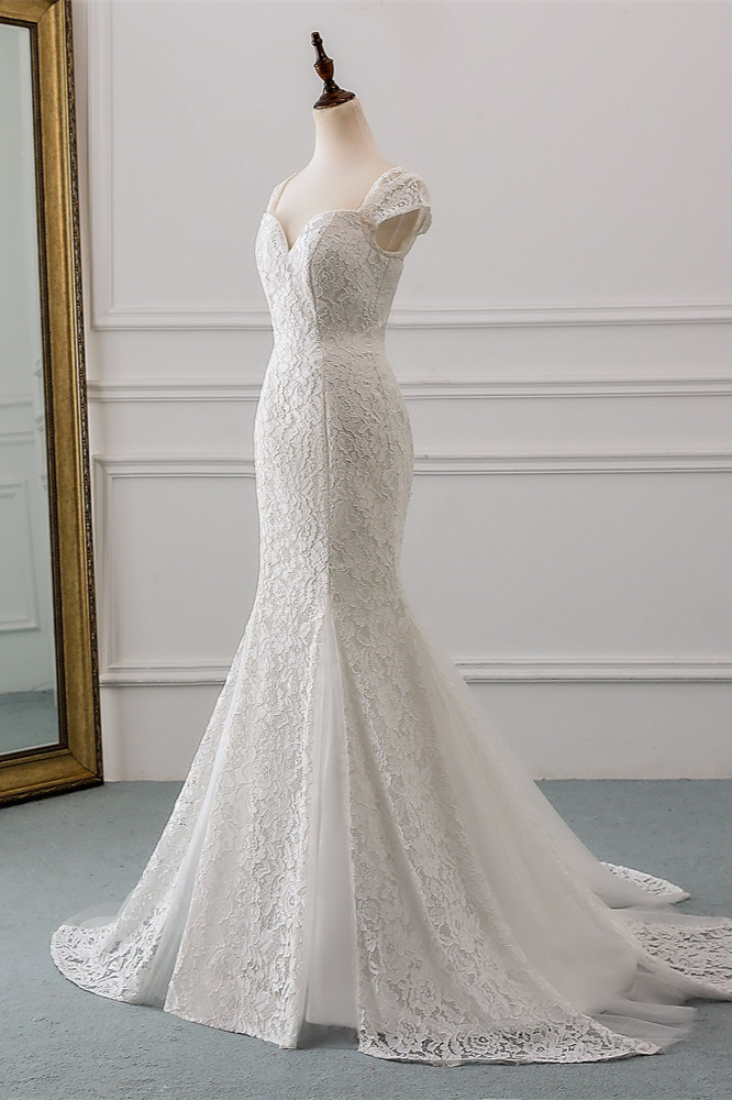 Mermaid Sweetheart Neck Cap Sleeves Floor-length Lace Wedding Dress With Lace 3