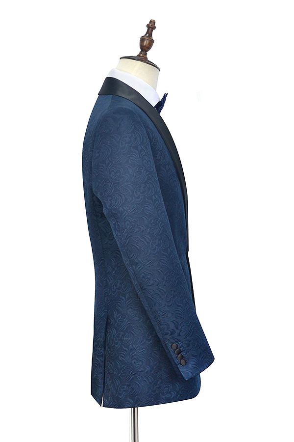 Navy Blue Mens Suits for Weddings with Jacquard Black Silk Shawl Lapel 3