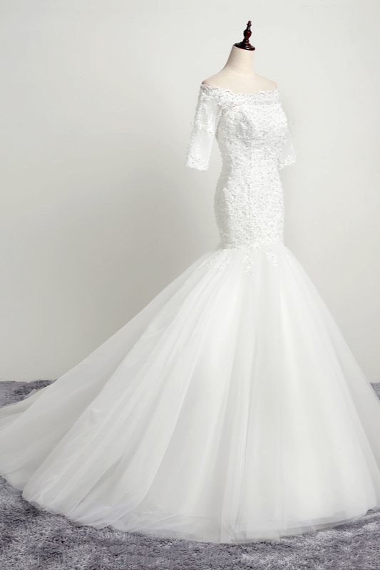 Mermaid Off-the-shoulder Short Sleeves Floor-length Tulle Wedding Dress With Appliques 3