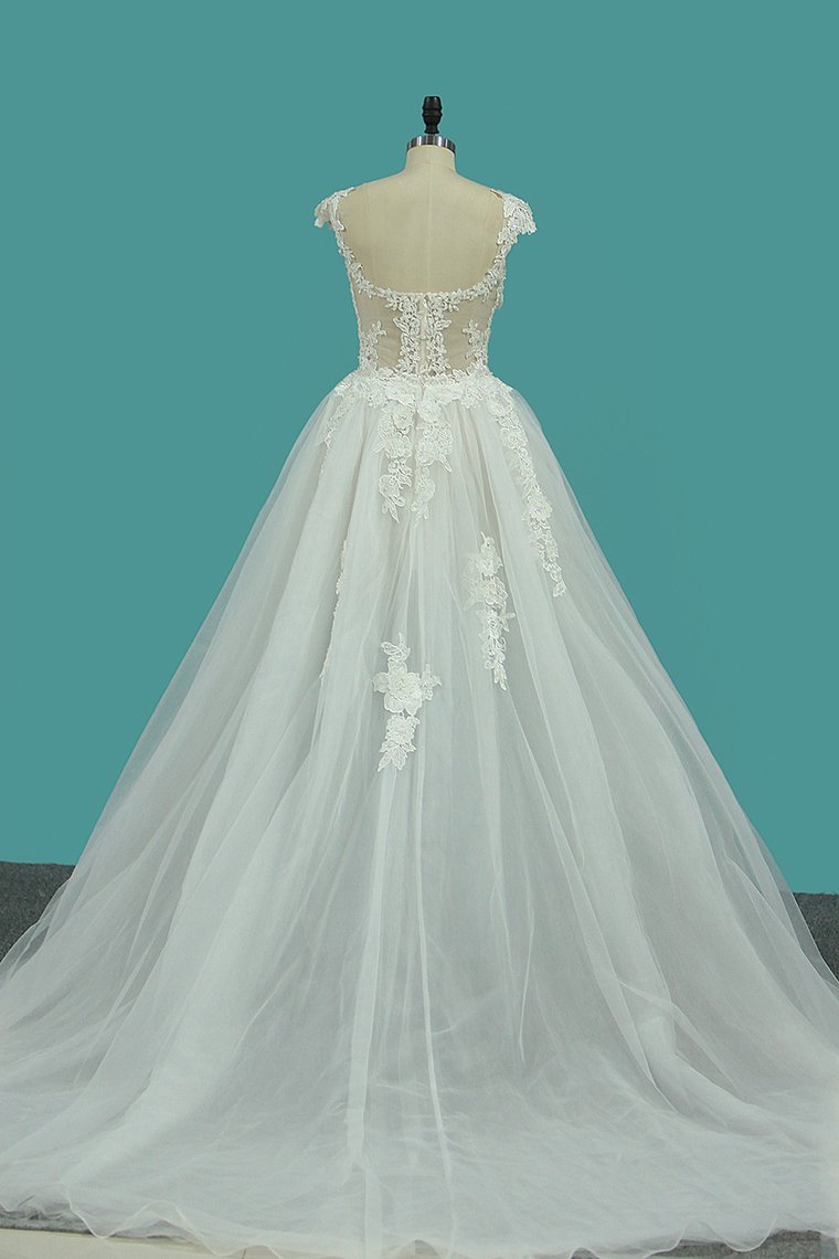 A-line Jewel Neck Sleeveless Floor-length Tulle Bridal Attire With Appliques 2