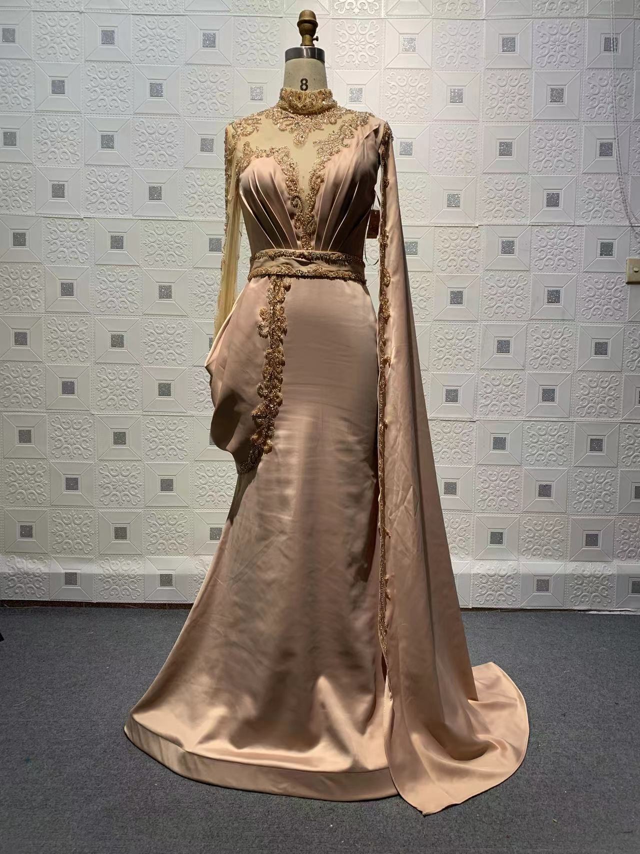 A-line High Neck Long Sleeves Court Train Stretch Satin Formal Dress With Beading 2