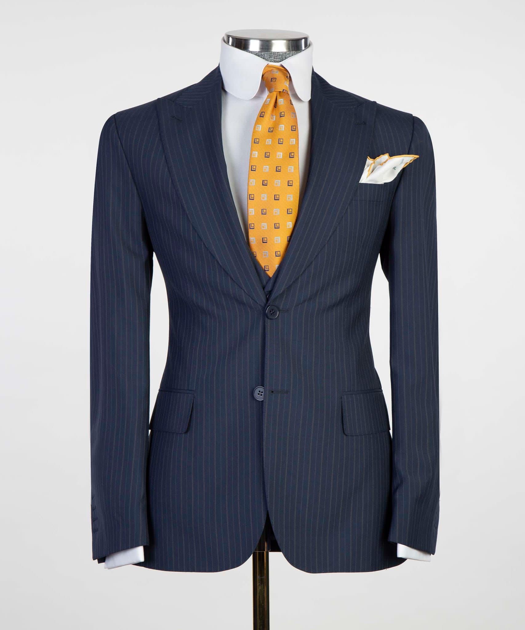 Navy Stripe Three Pieces Business Suit with Peaked Lapel 5