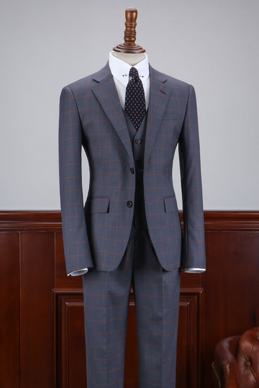 Dark Gray Plaid Notched Lapel Business Suit 1