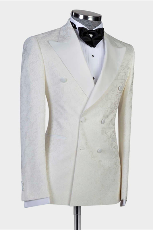 White Double Breasted Jacquard Wedding Suit for Men with Peaked Lapel 2