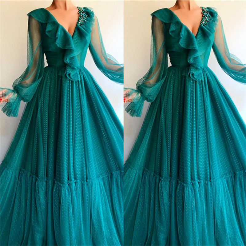 A-line V-neck Long Sleeves Floor-length Evening Dress With Cascading Ruffle 2