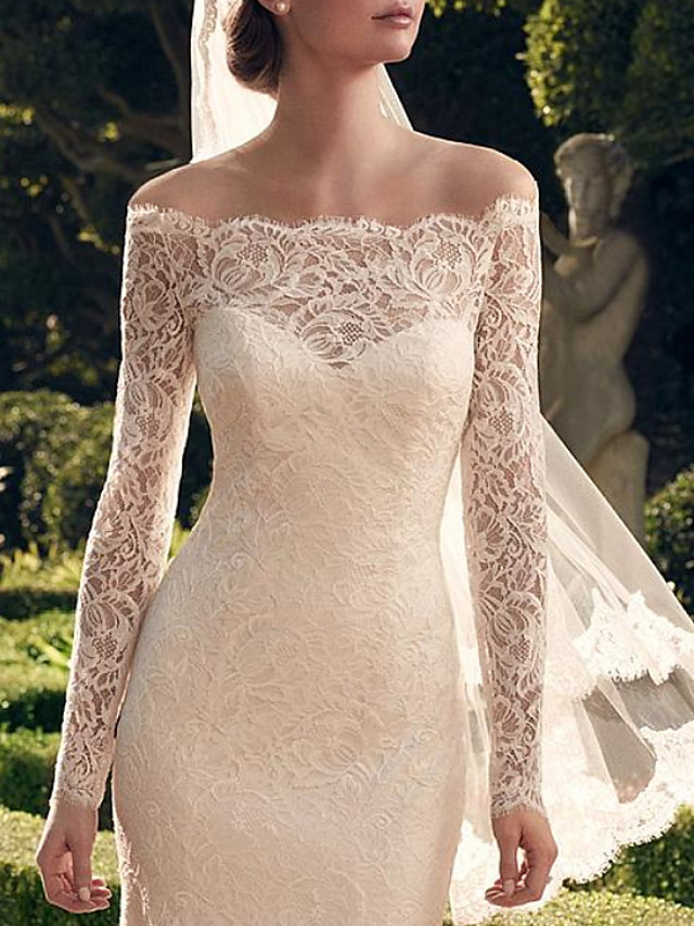 Mermaid Long Sleeves Sweep / Brush Train Lace Wedding Gown With Lace 3