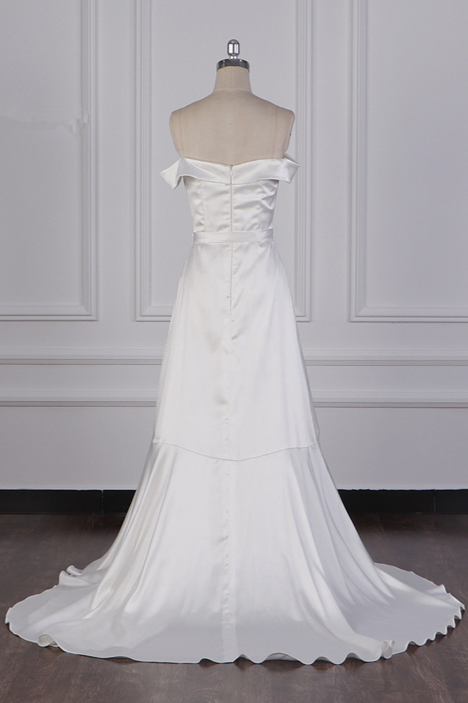 A-line Off-the-shoulder Sweetheart Neck Floor-length Satin Bridal Attire With Split Front 3