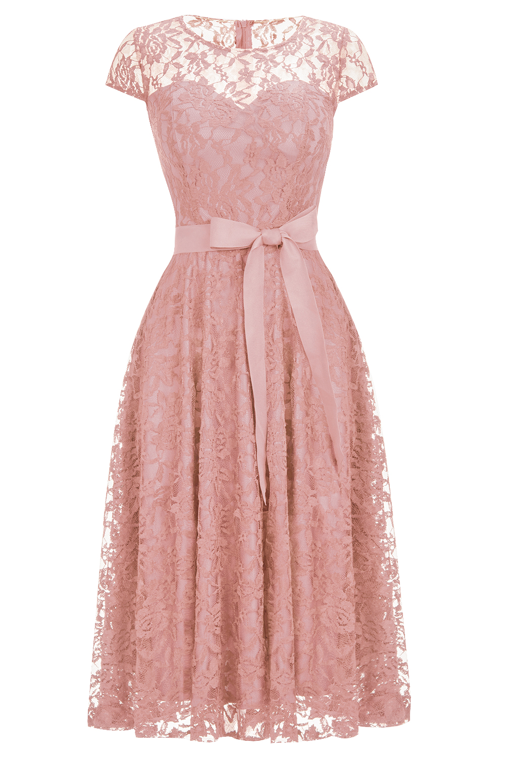 A-line Jewel Neck Short Sleeves Tea-length Lace Bridesmaid Outfit With Ribbons 8