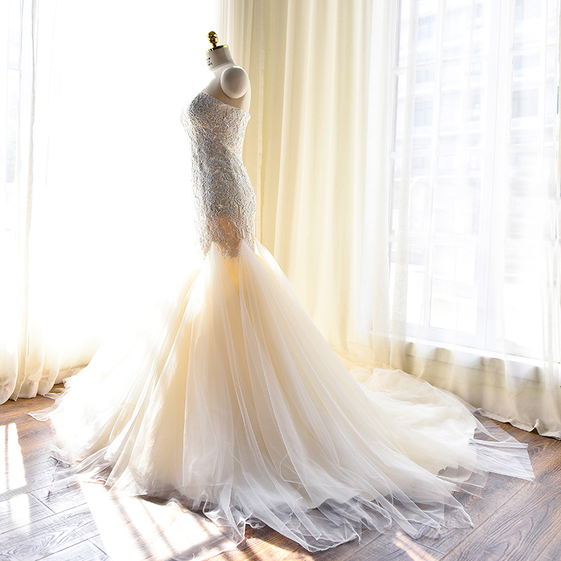 Mermaid Sweetheart Neck Sleeveless Court Train Tulle Bridal Attire With Lace 4