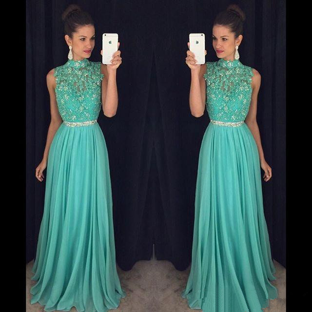 A-line High Neck Sleeveless Sweep / Brush Train 100D Chiffon Evening Dress With Appliques 2