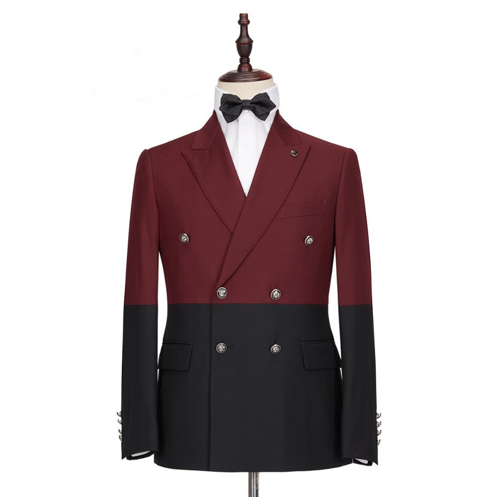 Prom Burgundy and Black Double Breasted Peaked Lapel Men's Suit 4