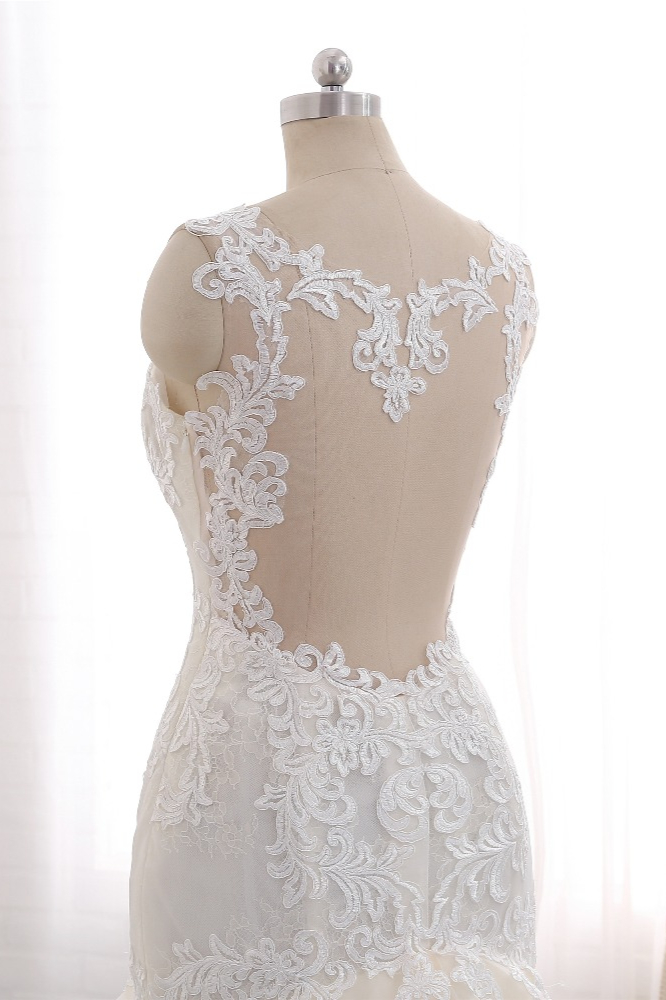 Mermaid Straps Sleeveless Court Train Tulle Wedding Gown With Appliques 5
