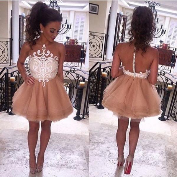 A-line Scoop Neck Sleeveless Mini Tulle Evening Dress With Appliques 2