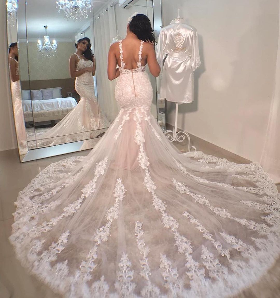 Mermaid Spaghetti Straps Sleeveless Sweep / Brush Train Lace Wedding Gown With Lace 2