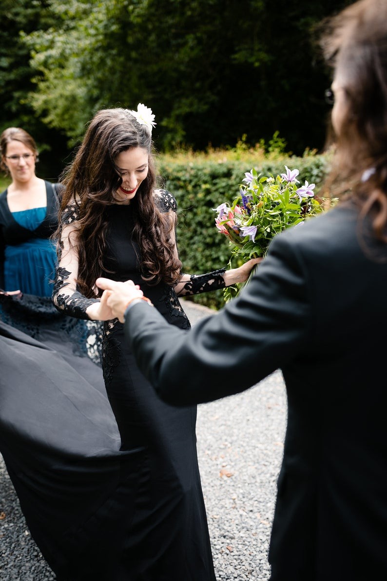 Mermaid Jewel Neck Long Sleeves Sweep / Brush Train Satin Wedding Gown With Lace 2