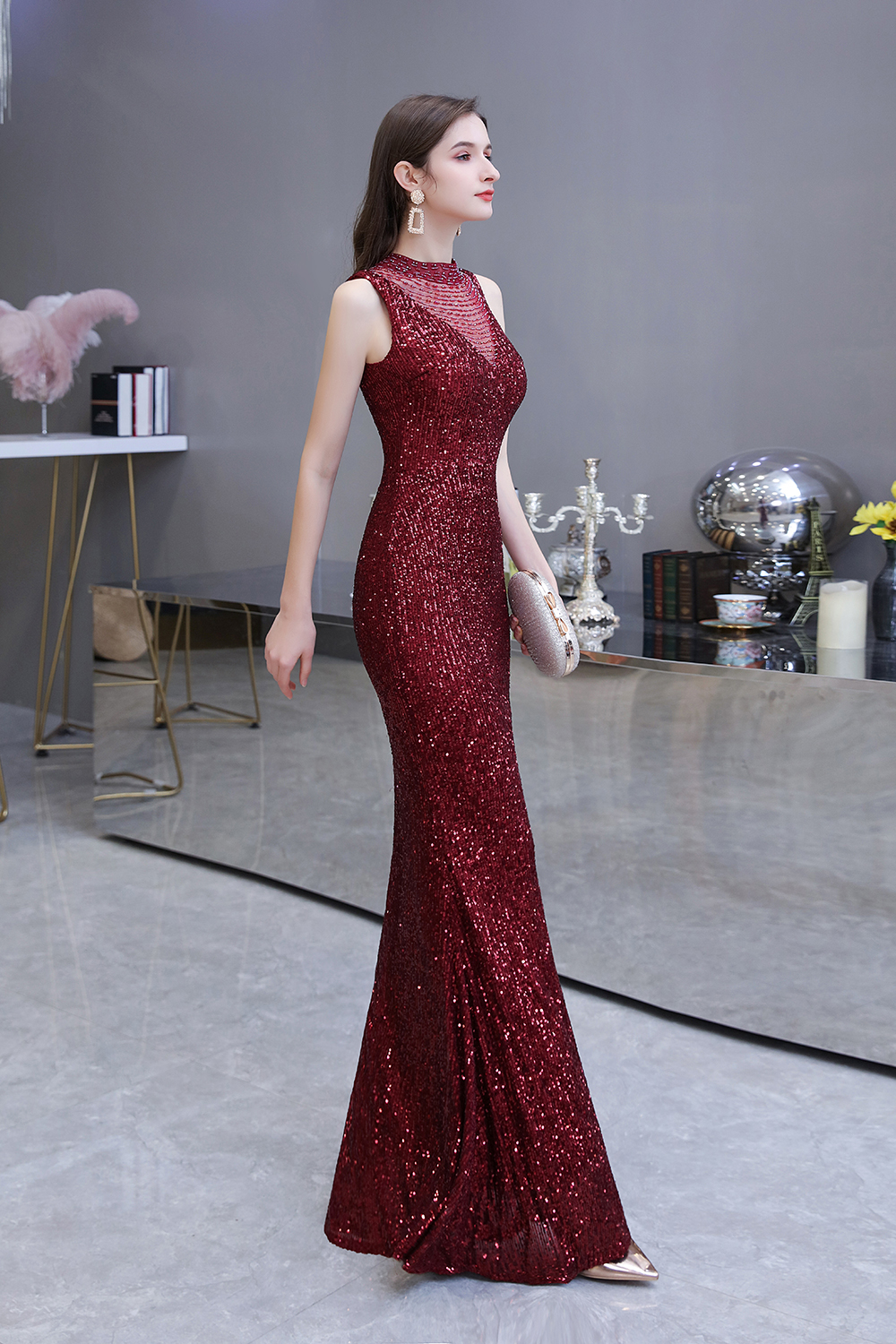 Mermaid Jewel Neck Sleeveless Sweep / Brush Train Tulle Evening Gown With Sequins 13