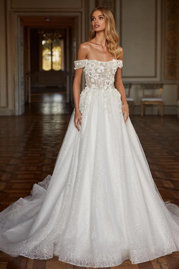 A-line Off-the-shoulder Sleeveless Chapel Train Wedding Dress With Appliques 1