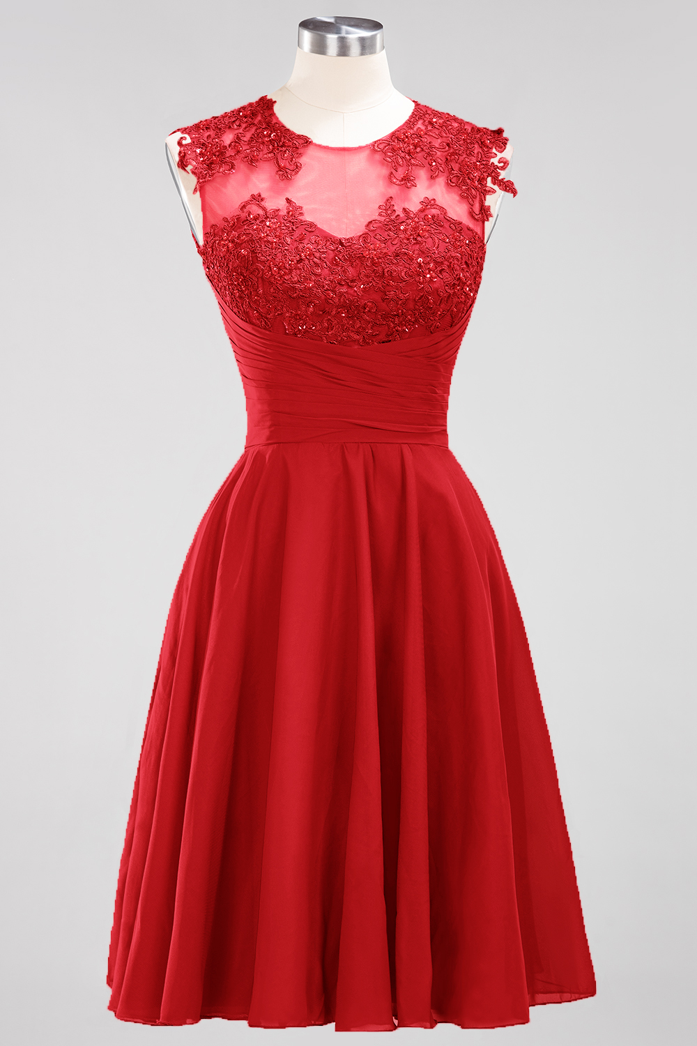 A-line Jewel Neck Sleeveless Knee-length 100D Chiffon Bridesmaid Dress With Appliques 10