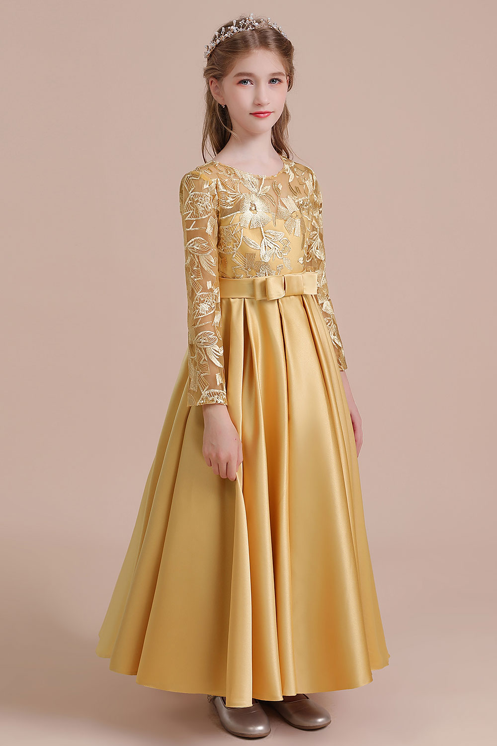 A-line Jewel Neck Long Sleeves Ankle-length Satin Flower Girl Dress With Embroidery 6