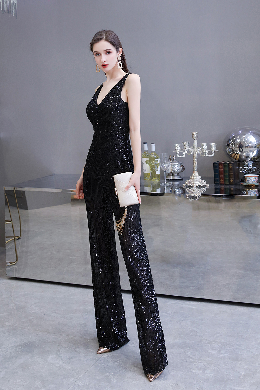 Shining V-neck Silver Sequin Sleeveless Prom Jumpsuit 18