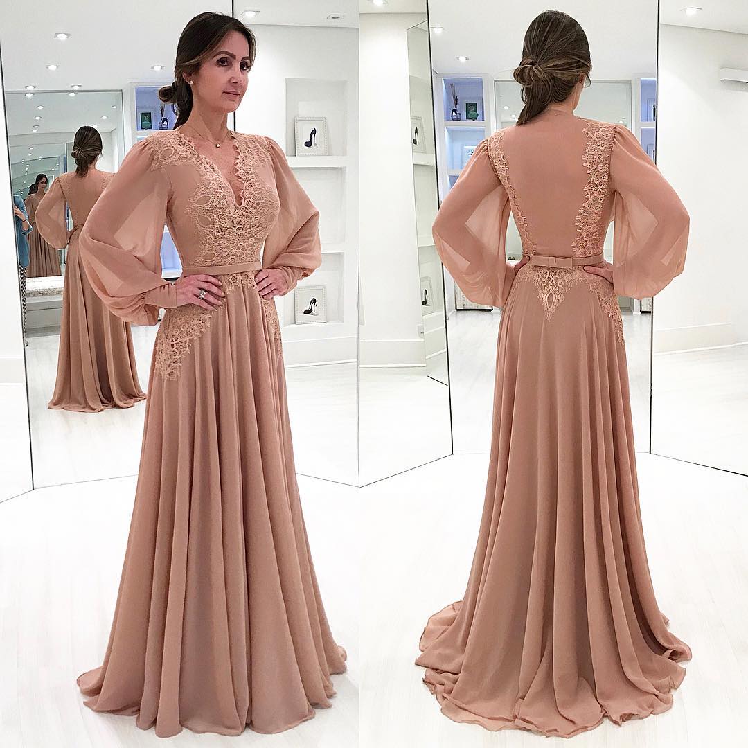 A-line V-neck Long Sleeves Sweep / Brush Train 100D Chiffon Evening Dress With Lace 2