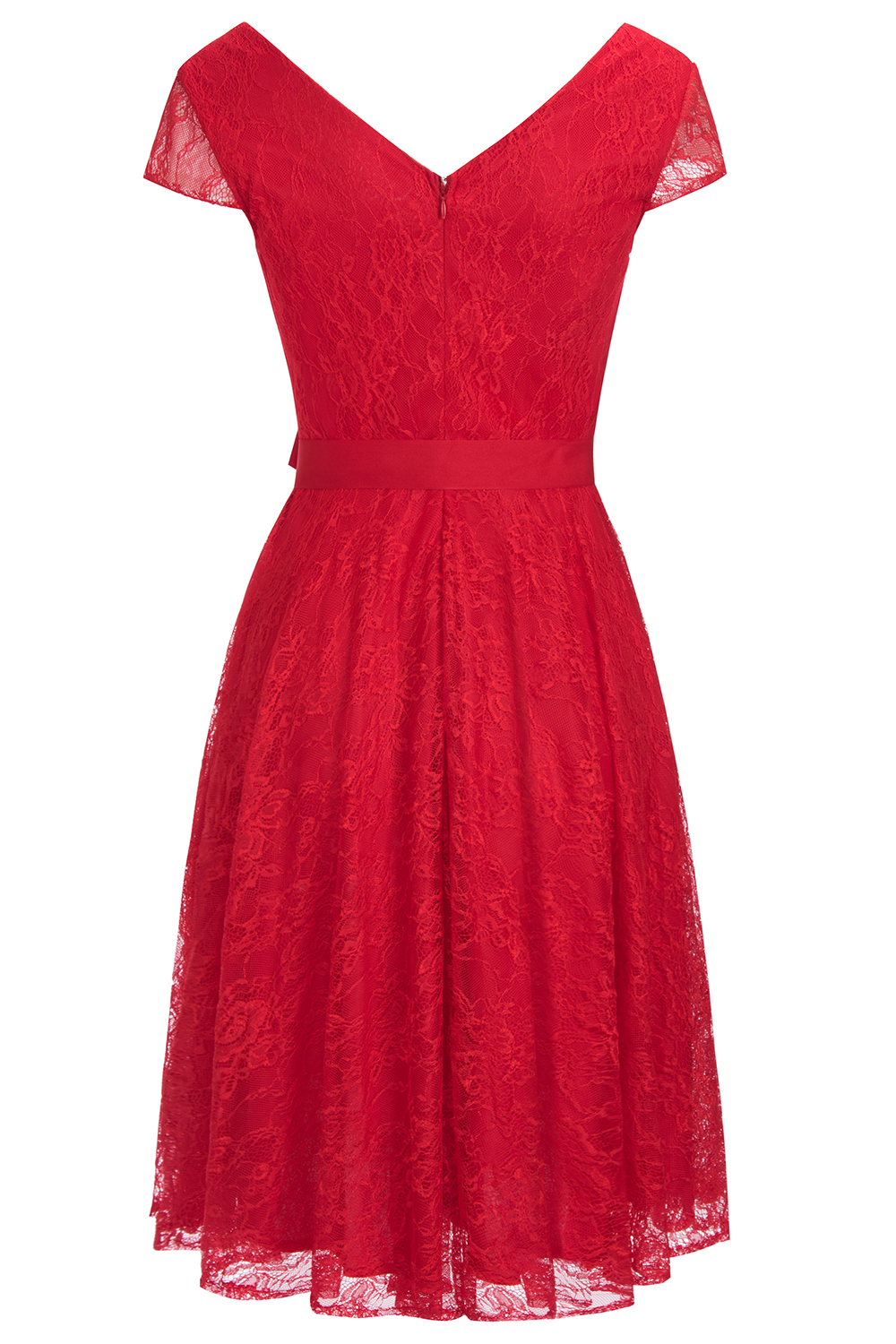 A-line V-neck Short Sleeves Knee-length Lace Bridesmaid Dress With Ribbons 6