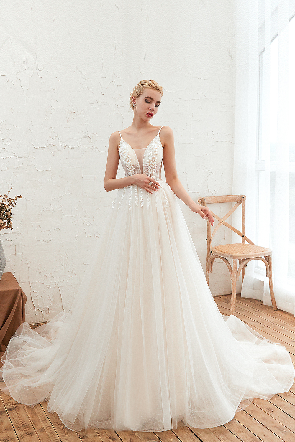 A-line Plunging Neckline Sleeveless Cathedral Train Tulle Wedding Gown With Flower(s) 6