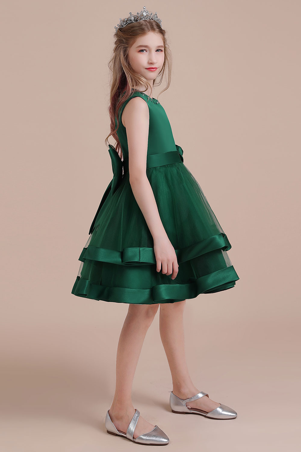A-line Jewel Neck Sleeveless Knee-length Satin Flower Girl Dress With Bow 5